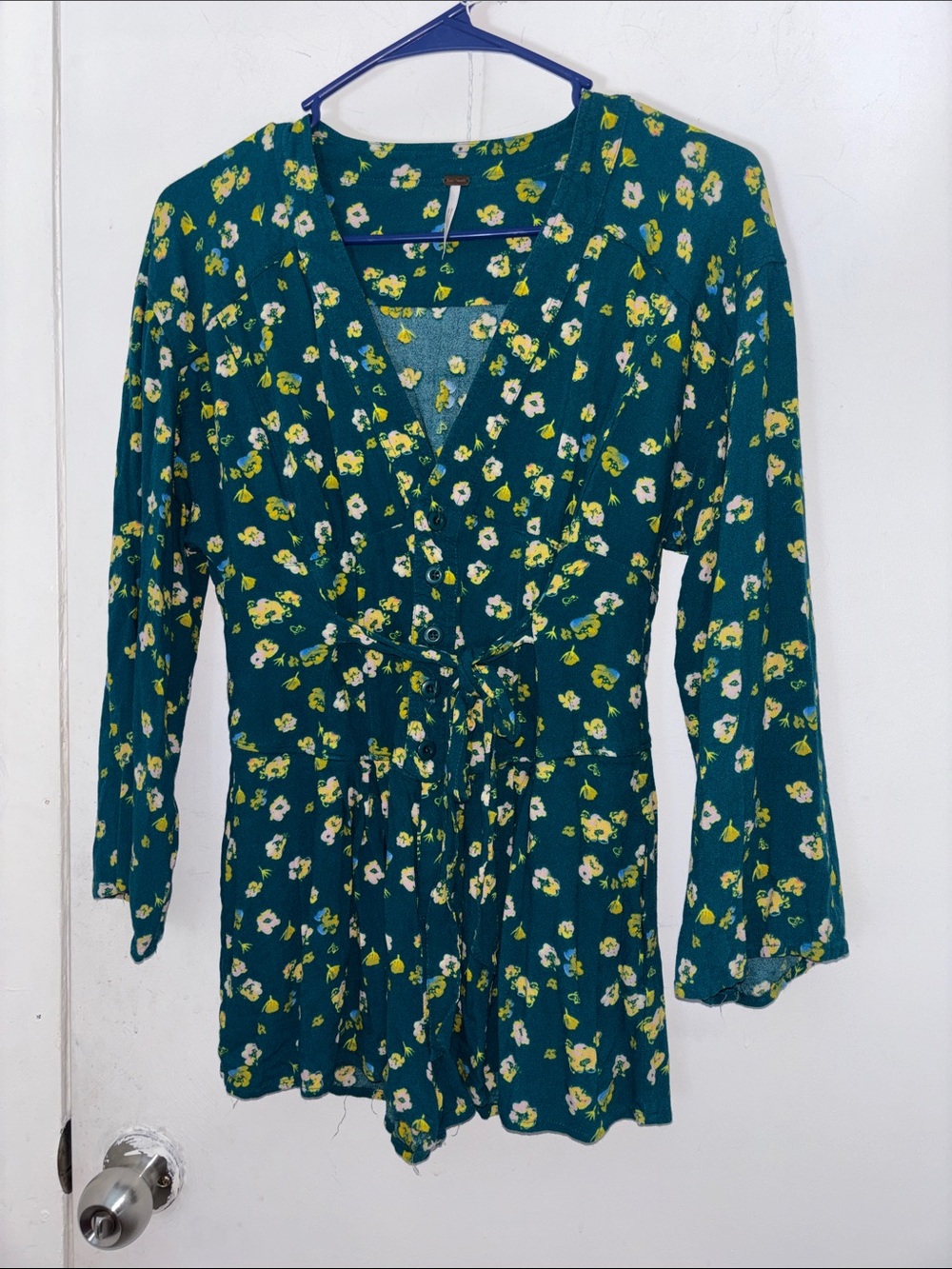 Free People Teal Floral V-Neck Long-Sleeve Romper